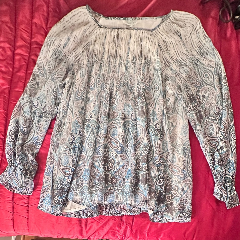 Sundance Silk Blue, Gray, On Off White print, Lined,Long Sleeve Relaxed Tunic XL